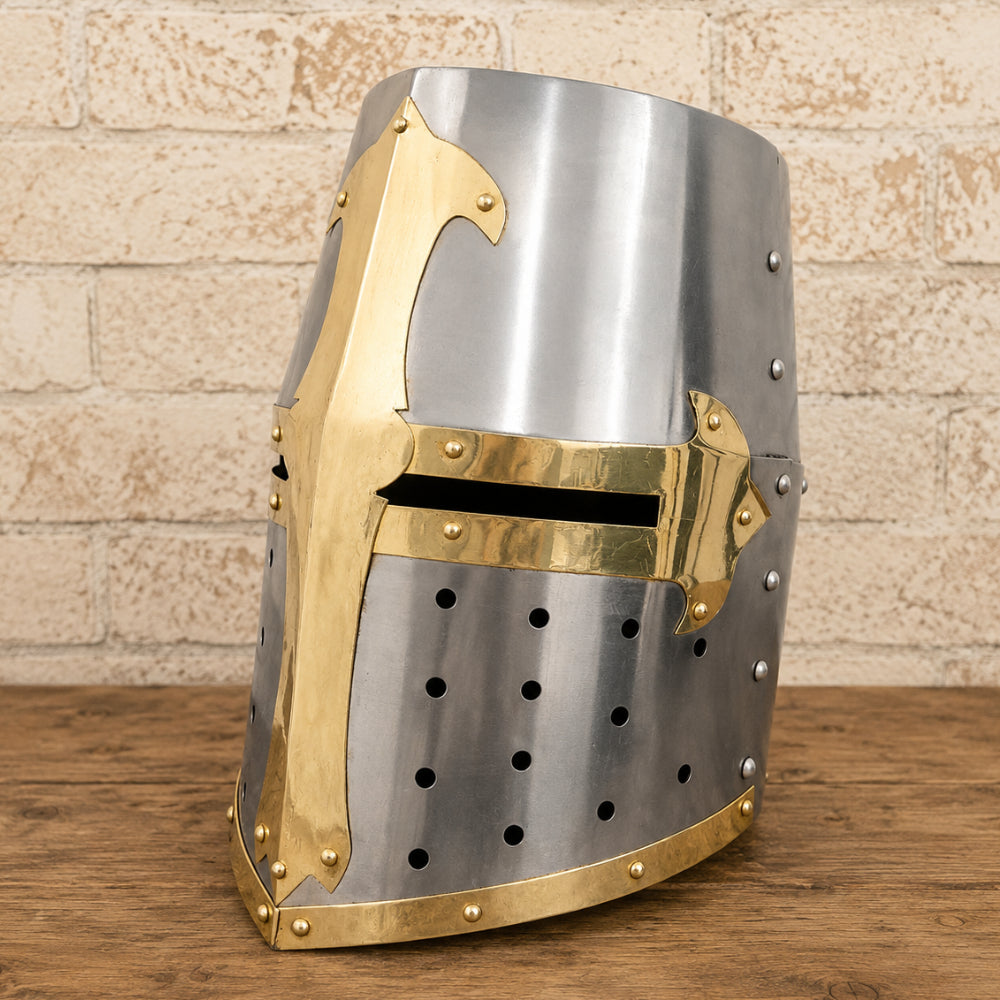 Medieval Brass Templar Crusader Helmet with Wooden Display Stand – Decorative Collectible Gift
