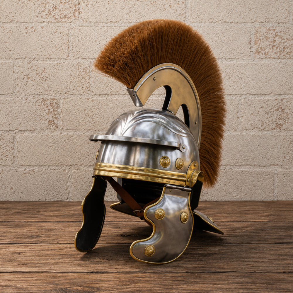 Roman Centurion Helmet with Brown Plume & Complimentary Wooden Display Stand