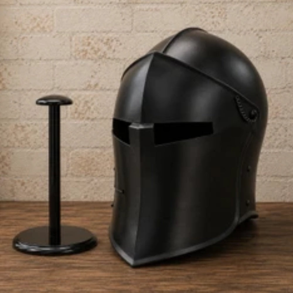 Black Medieval Barbute Helmet – Wearable Knight Armor with Wooden Display Stand