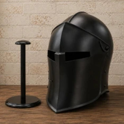 Black Medieval Barbute Helmet – Wearable Knight Armor with Wooden Display Stand