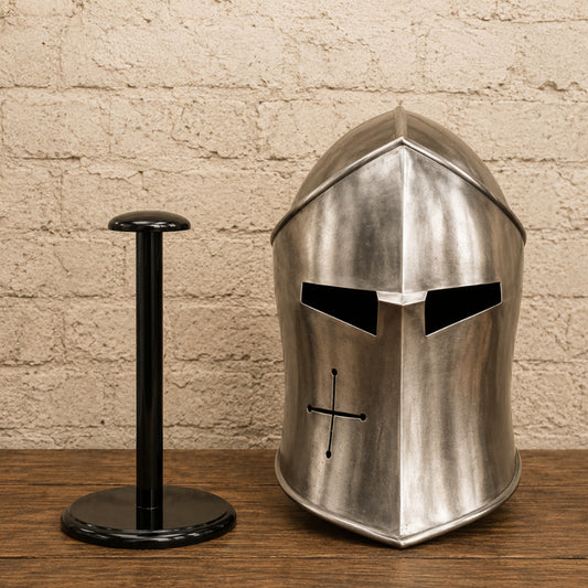 Medieval Barbuta Helmet with Wooden Display Stand – Silver Knight Armor Replica