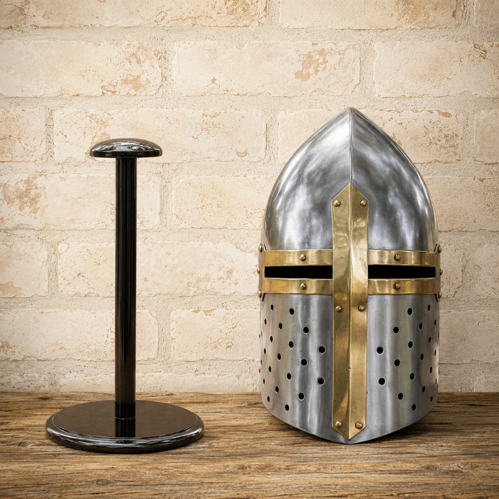 Medieval Sugarloaf Knight Helmet – Steel & Brass Crusader Armor Helmet with Display Stand