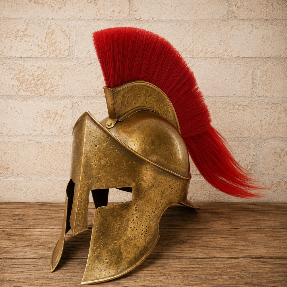 Spartan Helmet with Red Plume – King Leonidas Inspired Warrior Armor with  Wooden Display Stand