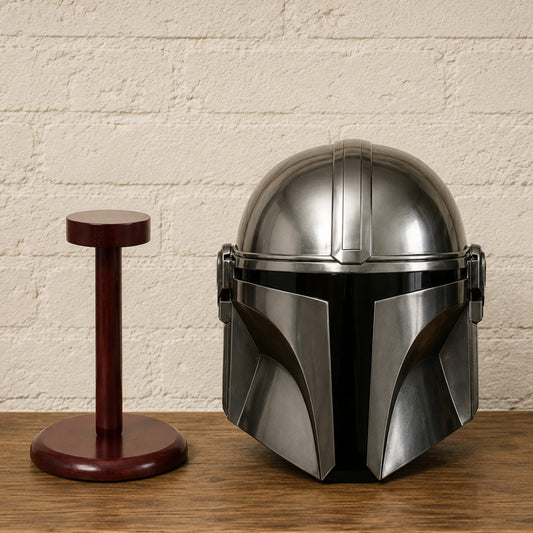 Mandalorian-Inspired Metal Helmet Replica with Wooden Display Stand