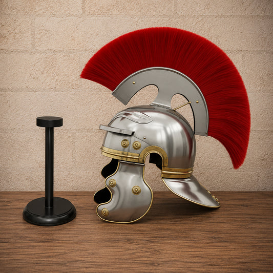 Roman Centurion Helmet with Red Plume – Ancient Roman Warrior Armor with Wooden Display Stand