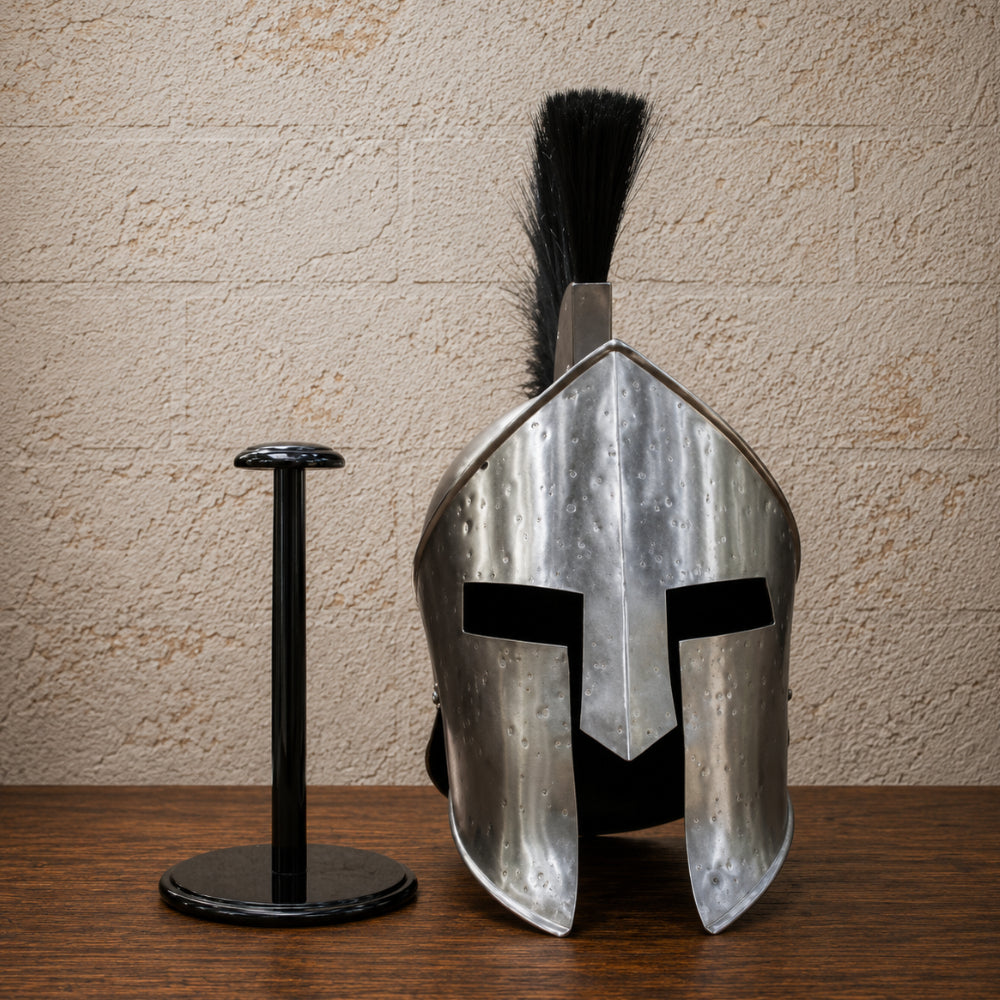 King Leonidas Spartan Helmet with Black Plume & Free Wooden Display Stand