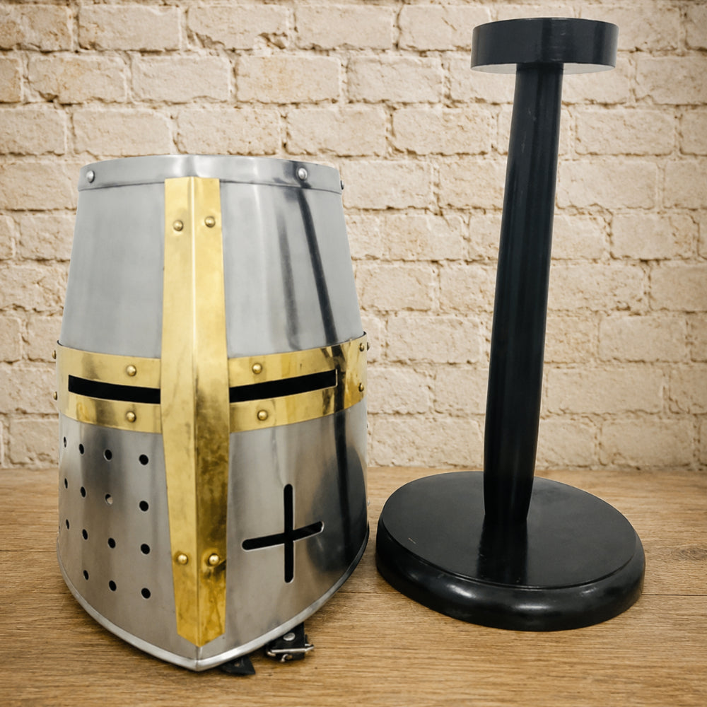 Medieval Templar Crusader Helmet with Complimentary Wooden Display Stand
