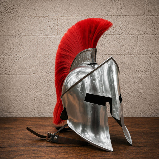 King Leonidas Spartan Helmet with Red Crest Plume – Greek Warrior Armor Replica & Wooden Stand