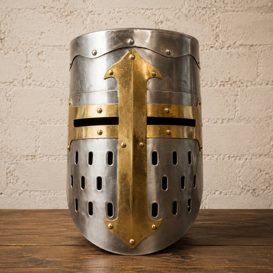 Templar Knight Helmet with Wooden Display Stand – Medieval Crusader Armor