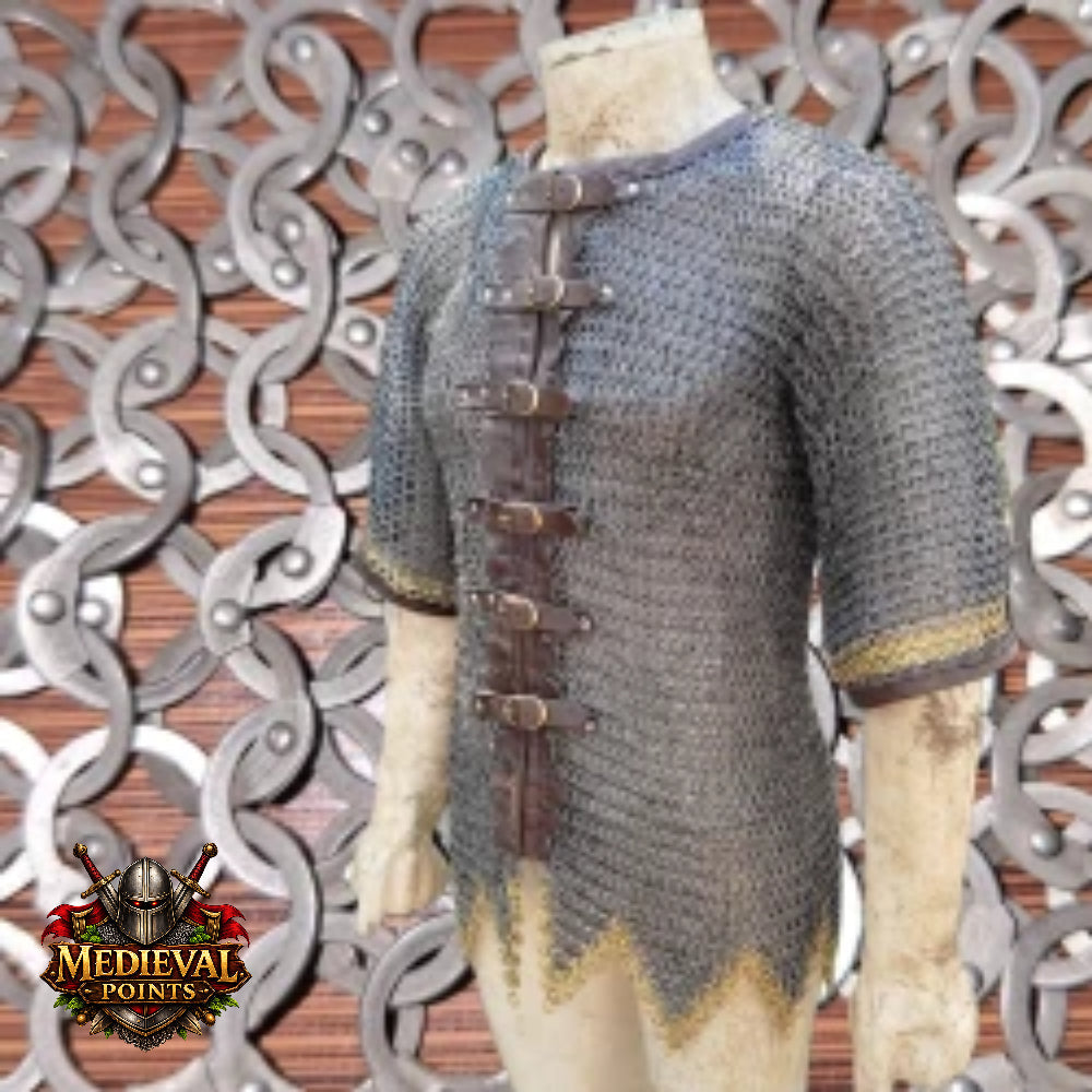 Stainless steel Chain-mail Hauberk: 9 mm Flat Riveted Rings , Open Leather Zig zag Brass Row