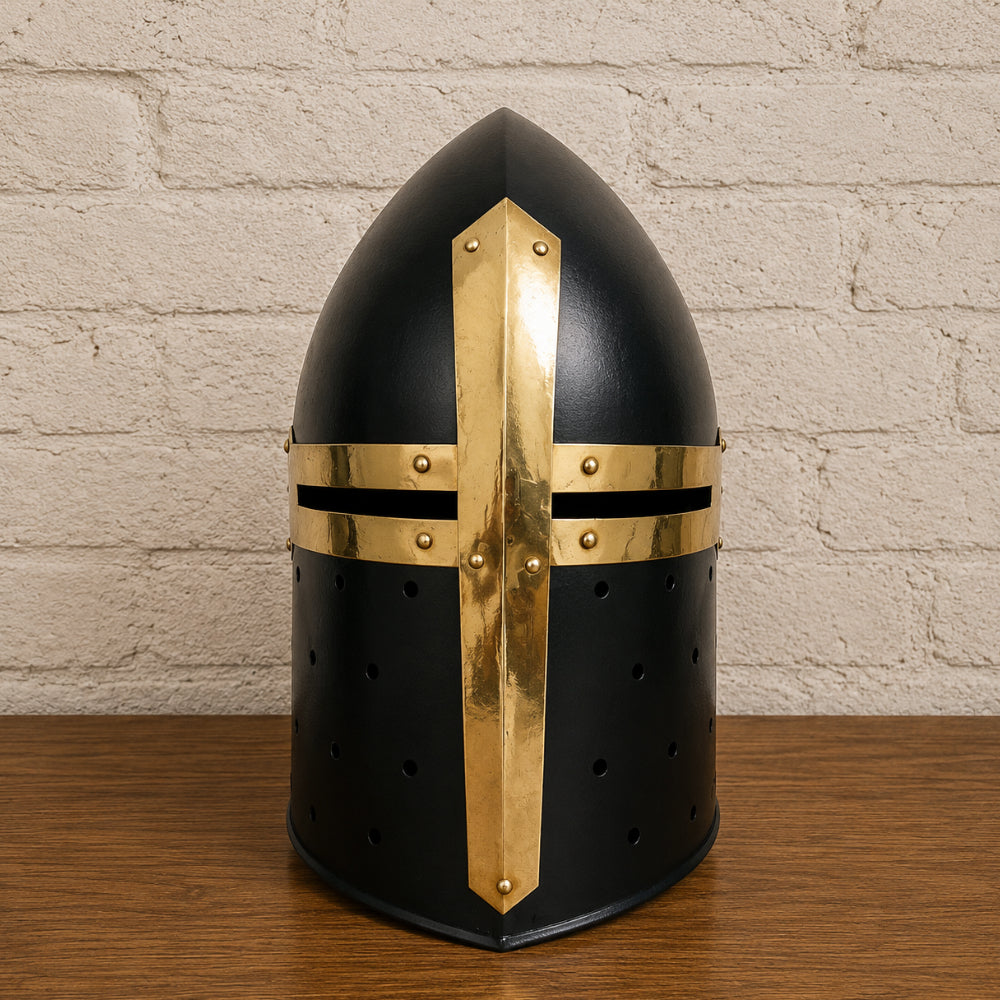 Medieval Black Sugarloaf Helmet with Wooden Display Stand – Crusader Knight Armor Helmet