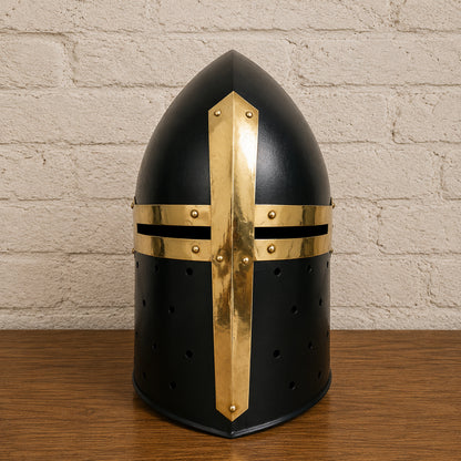 Medieval Black Sugarloaf Helmet with Wooden Display Stand – Crusader Knight Armor Helmet