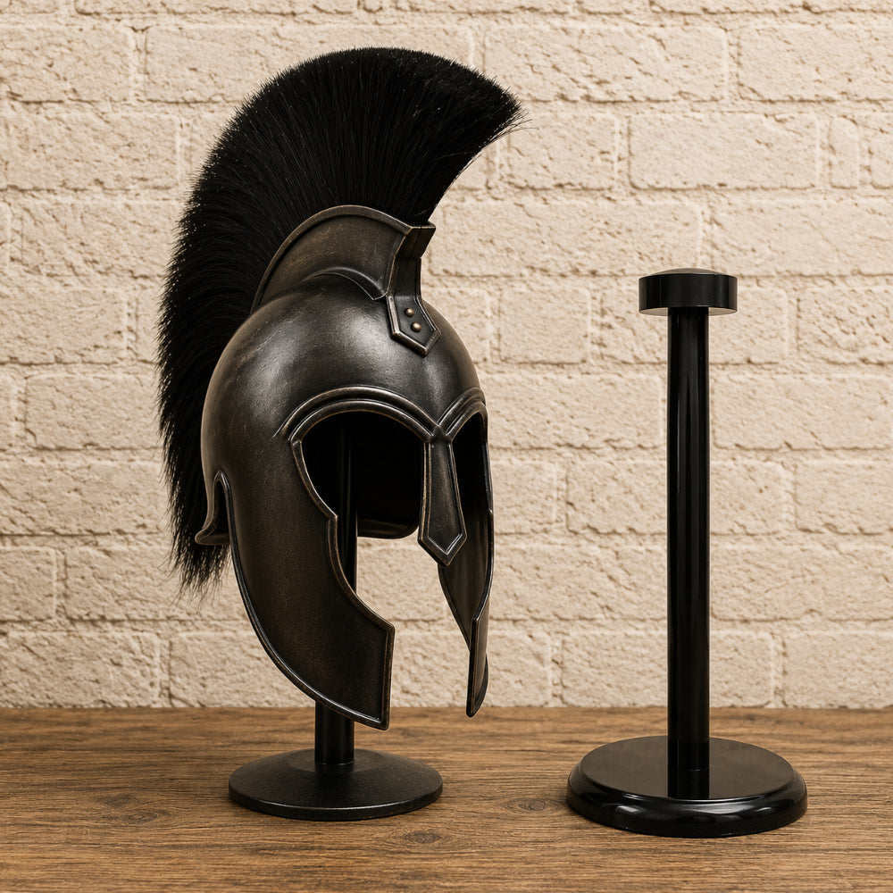 Medieval Achilles Troy Black Helmet with Wooden Display Stand