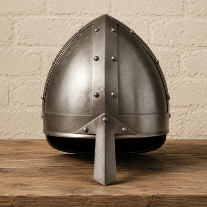 Medieval Norman Warrior Helmet with Nasal Guard and Wooden Display Stand