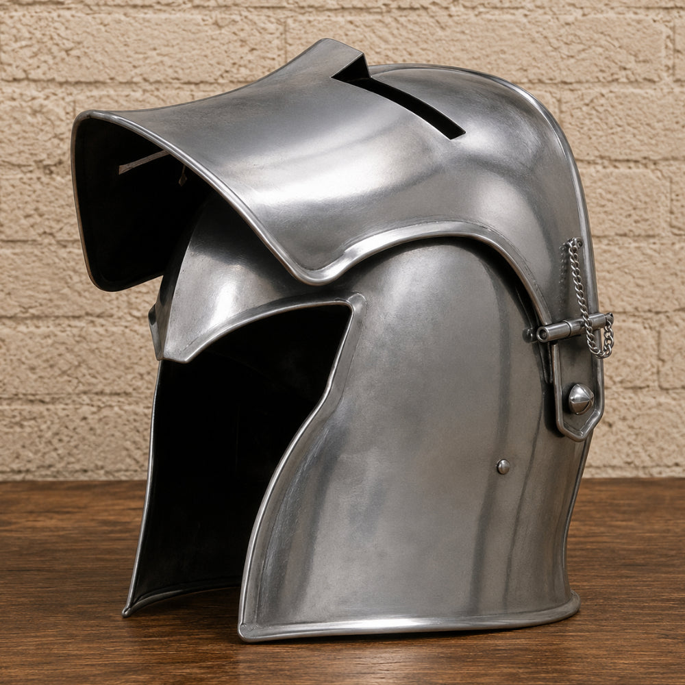 Medieval Barbuta Helmet with Wooden Display Stand – Silver Knight Armor Replica
