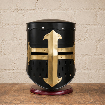 Medieval Crusader Helmet with Wooden Display Stand – Black Knight Armor