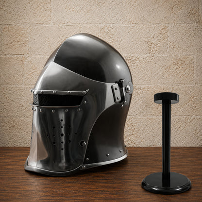 Medieval Barbuta Helmet with Inner Leather Liner & Wooden Display Stand