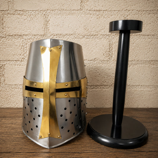 Templar Crusader Knight Helmet – Medieval Steel Armor with Wooden Display Stand