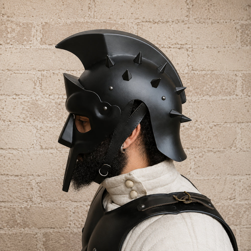 Black Spartan Gladiator Helmet with Wooden Display Stand