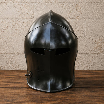 Black Medieval Barbute Helmet – Wearable Knight Armor with Wooden Display Stand