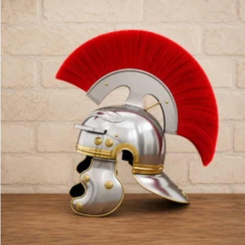 Roman Centurion Helmet with Red Plume – Ancient Roman Warrior Armor with Wooden Display Stand