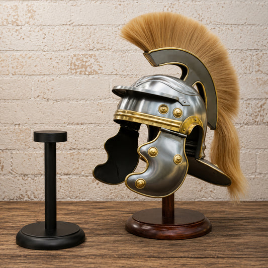 Roman Centurion Helmet with Brown Plume & Complimentary Wooden Display Stand