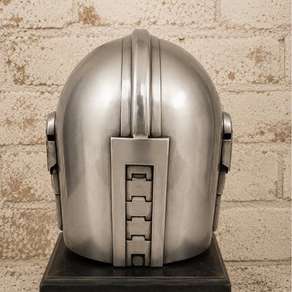 Mandalorian-Inspired Metal Helmet Replica with Wooden Display Stand