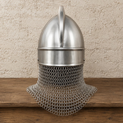 Medieval Knights Templar Barbuta Helmet with Visor and Wooden Display Stand
