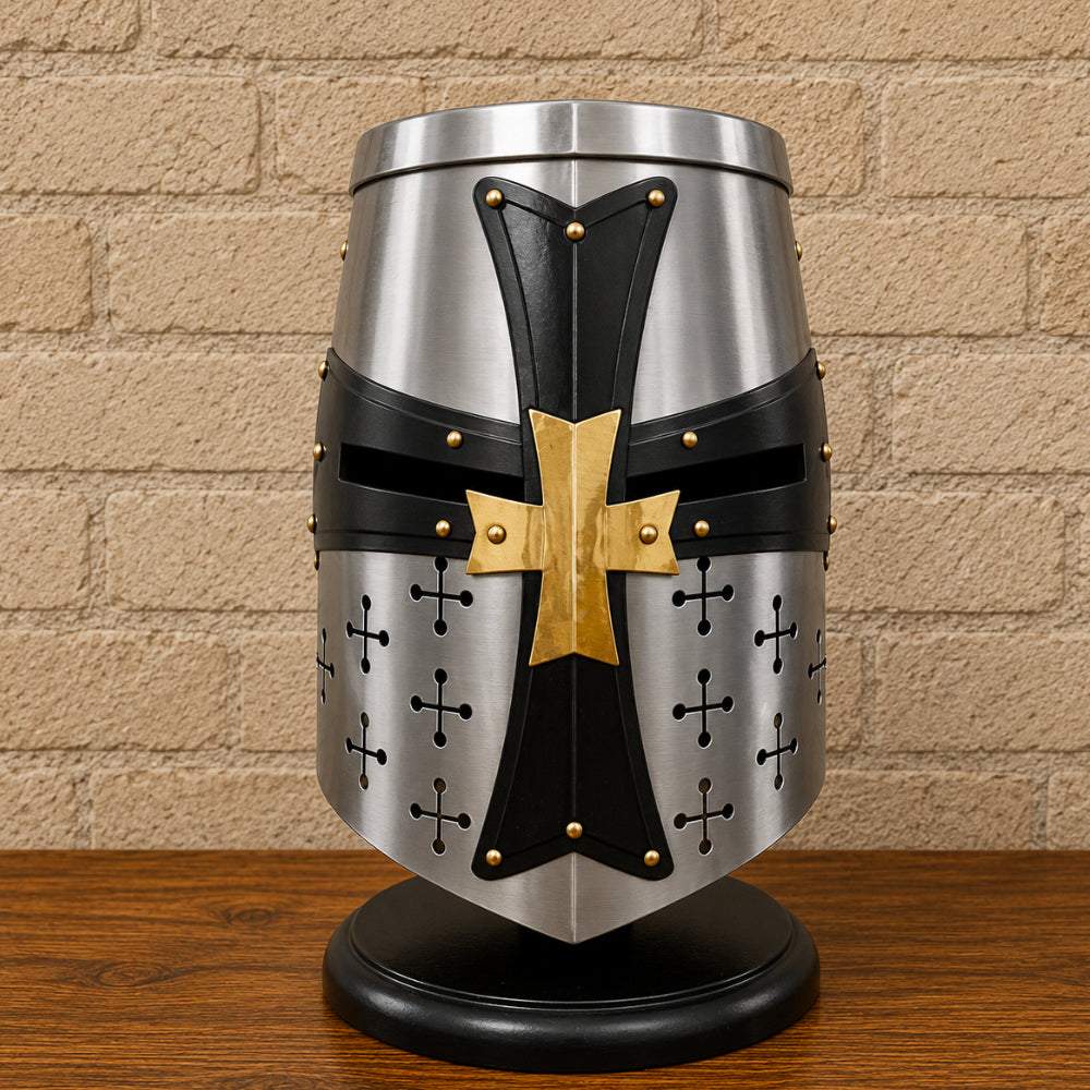 Crusader Templar Knight Helmet in Silver Steel with Black Cross & Wooden Display Stand