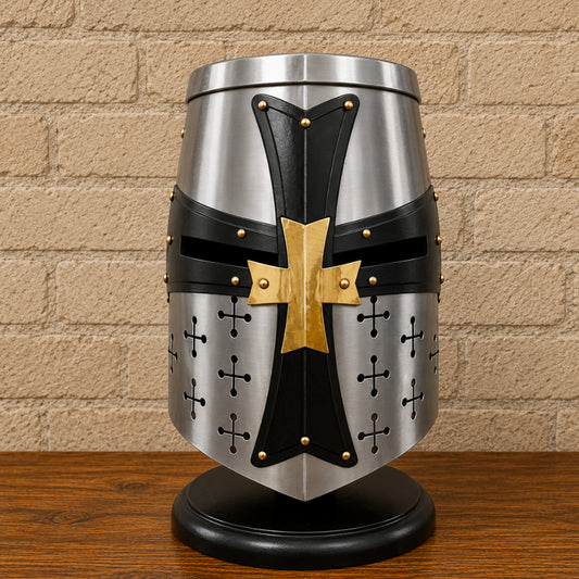 Crusader Templar Knight Helmet in Silver Steel with Black Cross & Wooden Display Stand