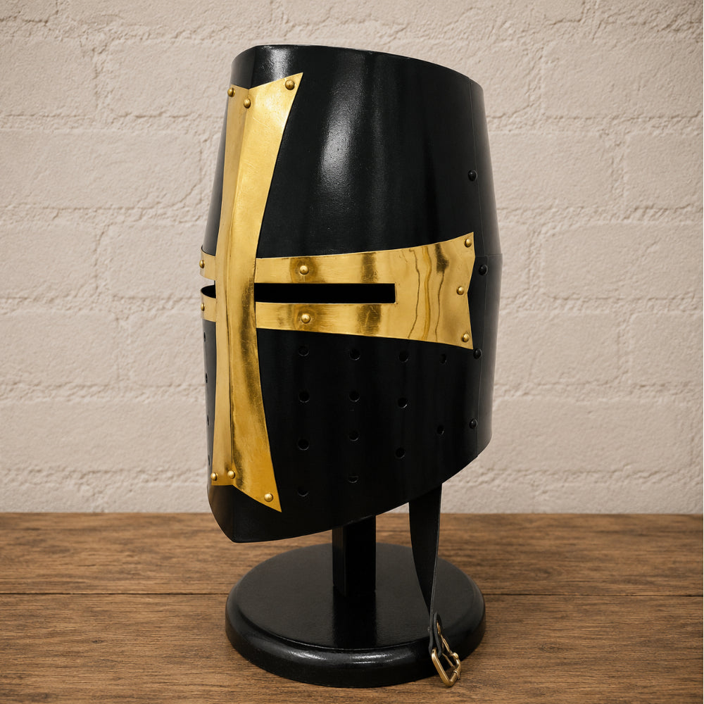 Medieval Templar Crusader Helmet with Wooden Display Stand
