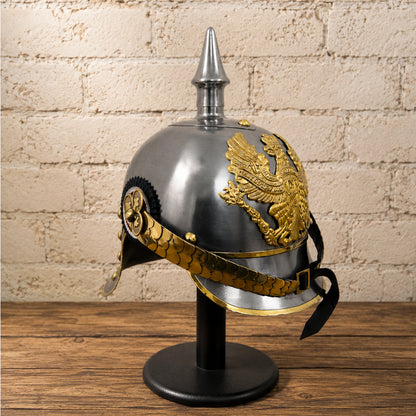 German Pickelhaube Helmet with Wooden Display Stand – Historic Military Replica