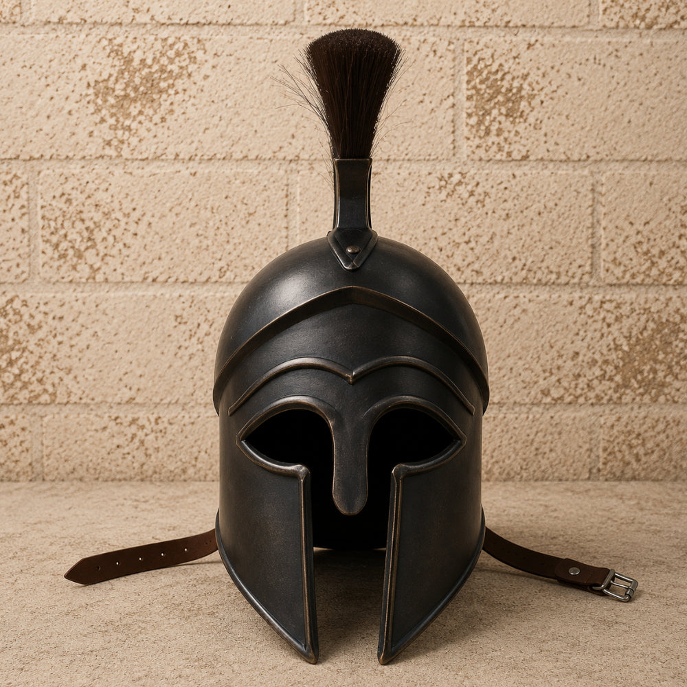 Greek Corinthian Helmet Replica with Wooden Display Stand – Ancient Warrior Armor Collectible