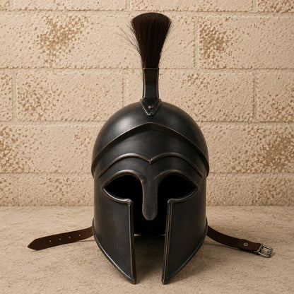 Greek Corinthian Helmet Replica with Wooden Display Stand – Ancient Warrior Armor Collectible
