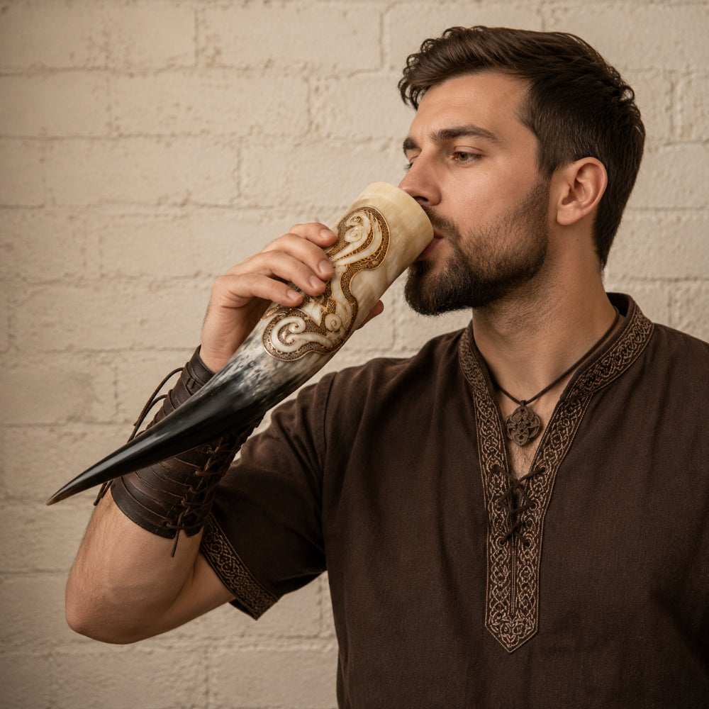 Handcrafted Viking Drinking Horn – Valknut & Celtic Knotwork Natural Horn