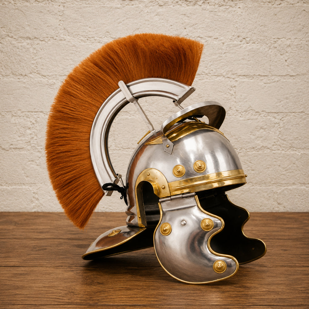 Roman Centurion Helmet with Brown Plume & Wooden Display Stand