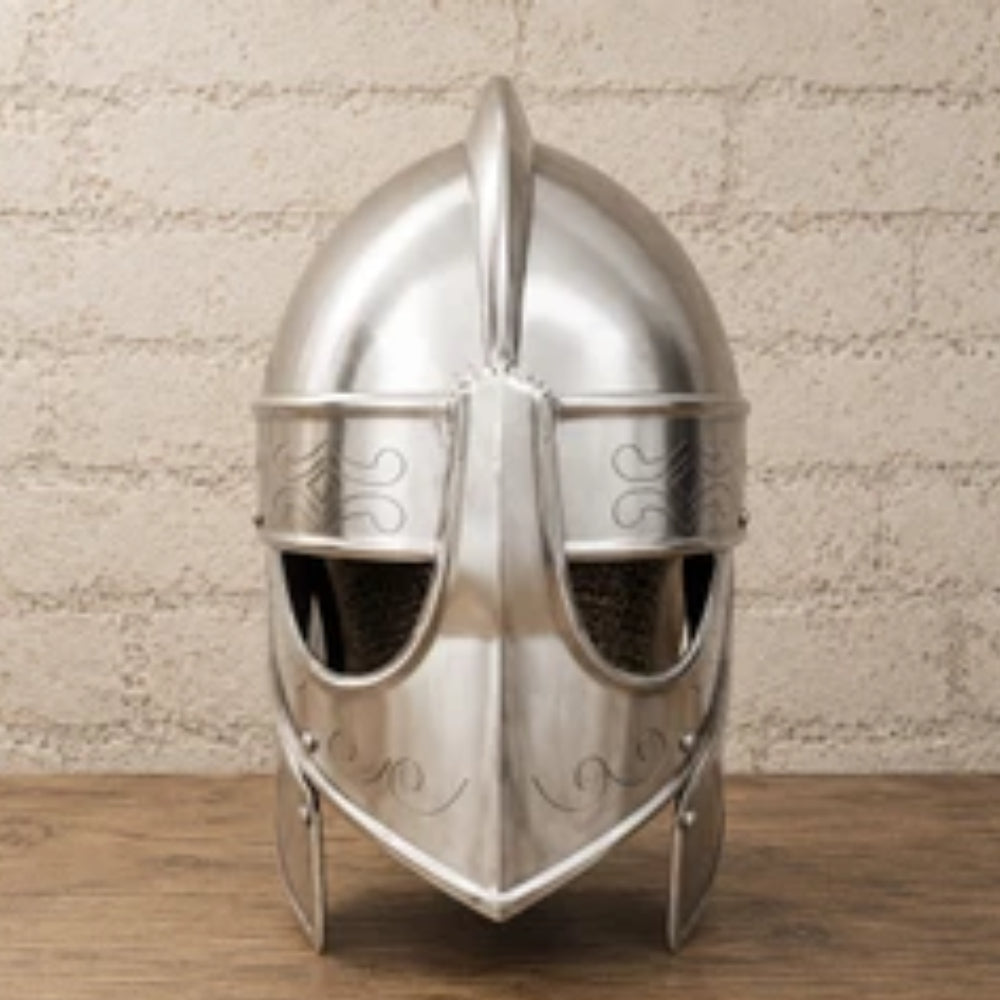 Medieval Knights Templar Barbuta Helmet with Visor and Wooden Display Stand
