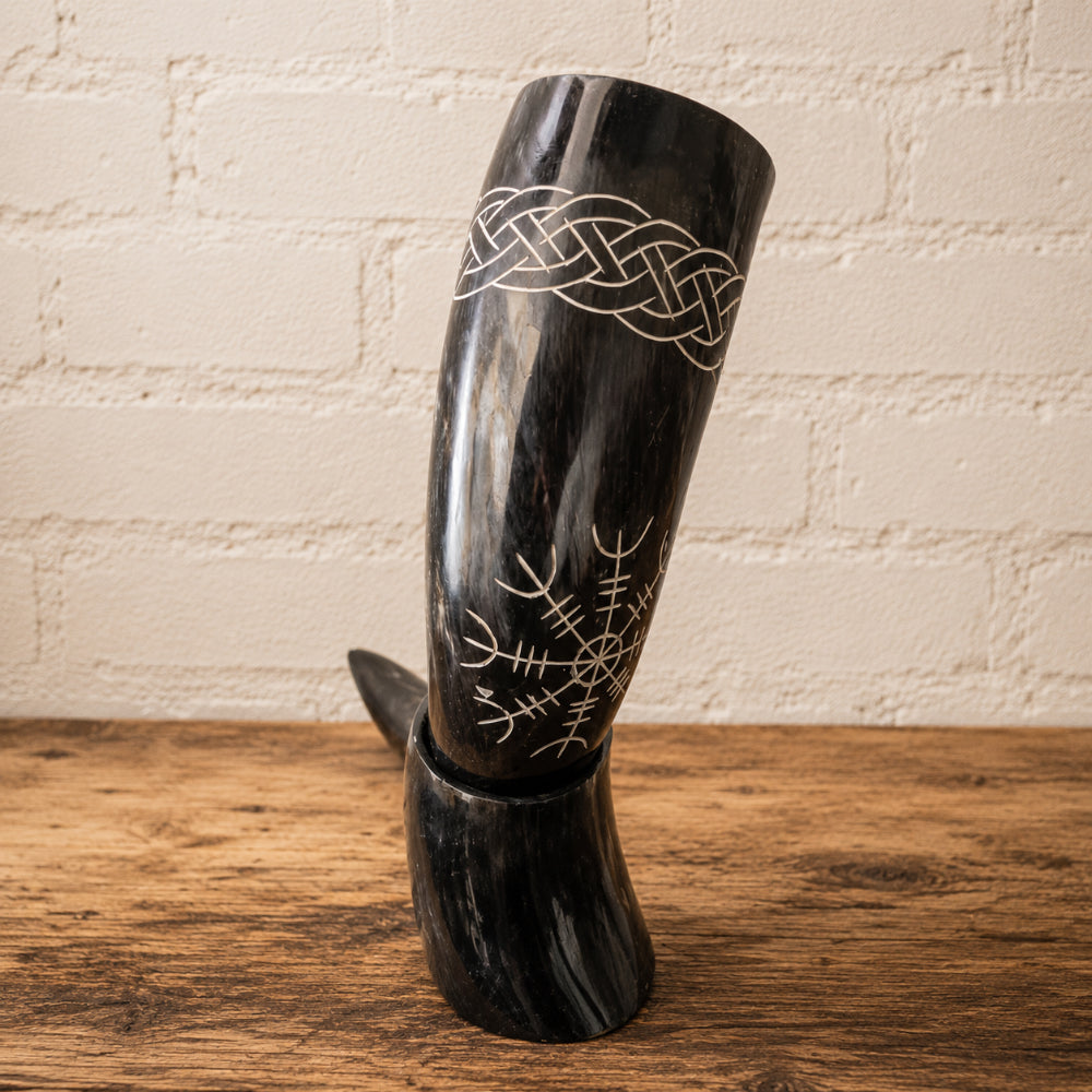 Authentic Black Viking Mead Horn – Hand-Engraved Celtic Design