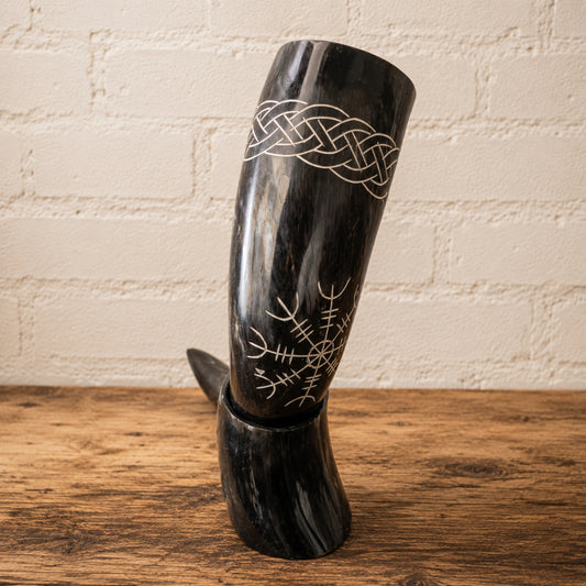 Authentic Black Viking Mead Horn – Hand-Engraved Celtic Design