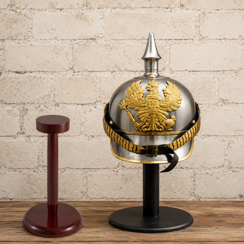 German Pickelhaube Helmet with Wooden Display Stand – Historic Military Replica