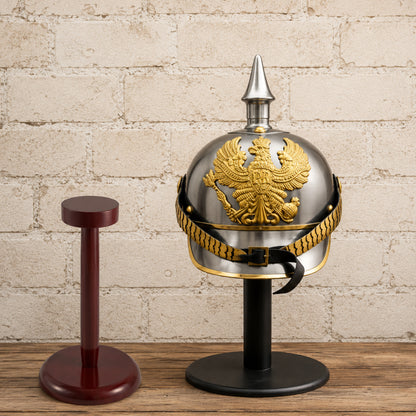 German Pickelhaube Helmet with Wooden Display Stand – Historic Military Replica