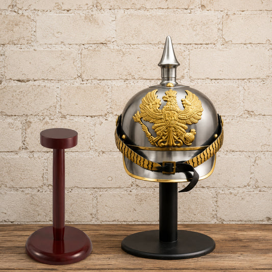 German Pickelhaube Helmet with Wooden Display Stand – Historic Military Replica