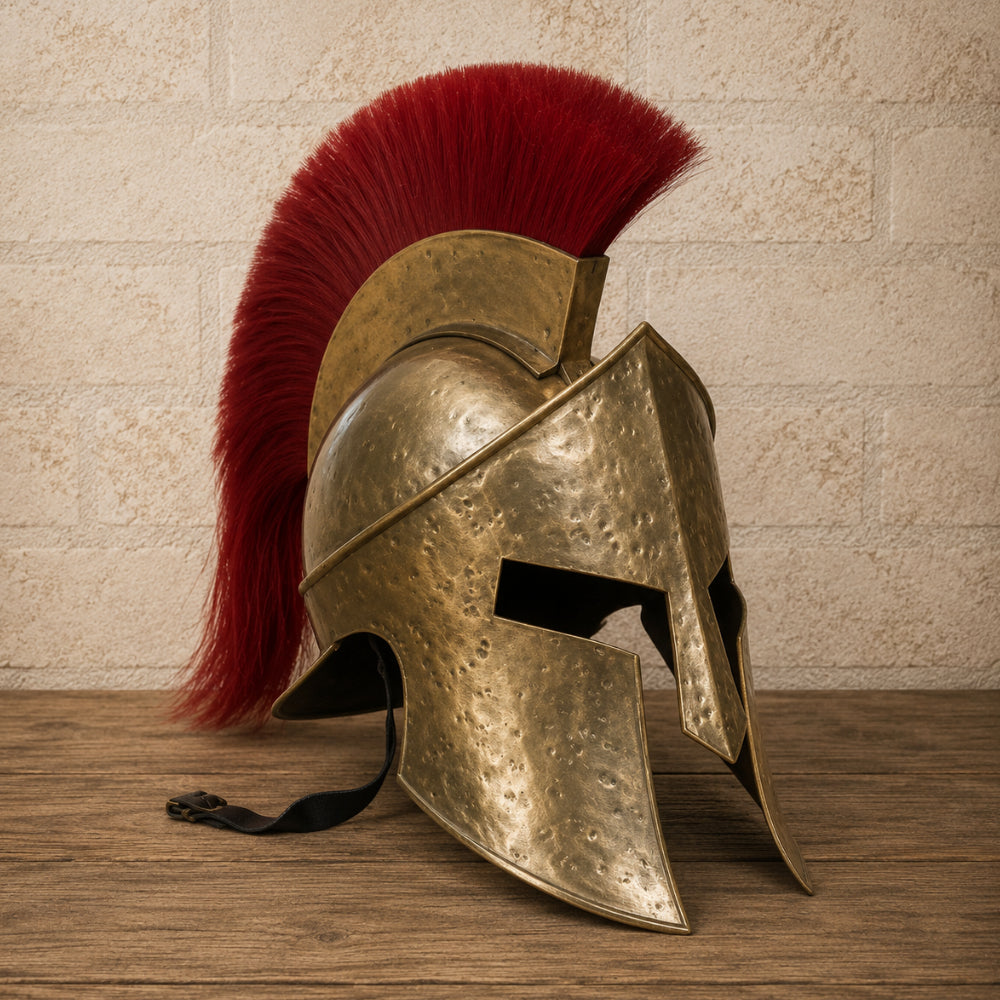 Spartan Helmet with Red Plume – King Leonidas Inspired Warrior Armor with  Wooden Display Stand