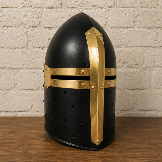 Medieval Black Sugarloaf Helmet with Wooden Display Stand – Crusader Knight Armor Helmet
