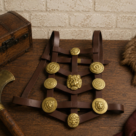 Roman Legionary Phalera Belt with Brass Medallions – Historical Leather Armor Accessory