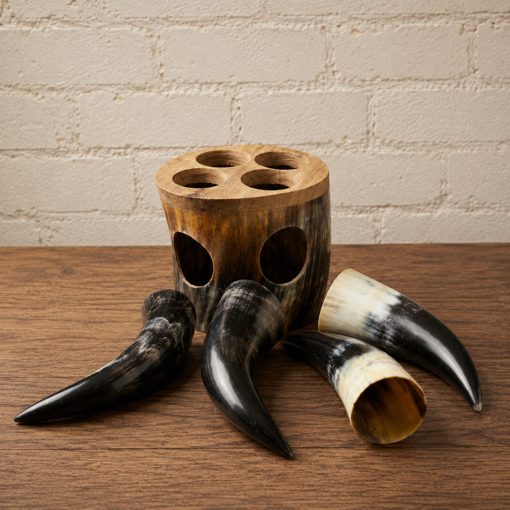 Handcrafted Viking Horn Shot mug Set with Wooden Stand – Rustic Mead Cup Collection