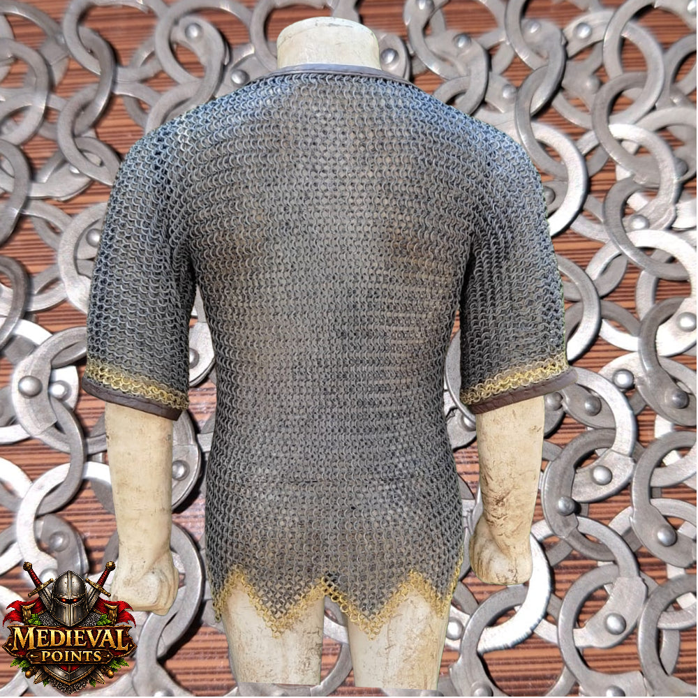 Stainless steel Chain-mail Hauberk: 9 mm Flat Riveted Rings , Open Leather Zig zag Brass Row