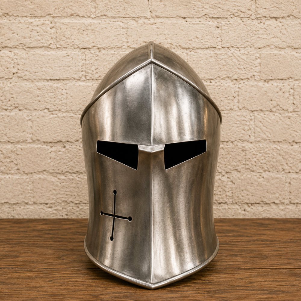 Medieval Barbuta Helmet with Wooden Display Stand – Silver Knight Armor Replica