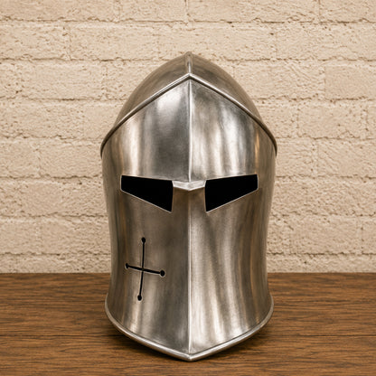 Medieval Barbuta Helmet with Wooden Display Stand – Silver Knight Armor Replica