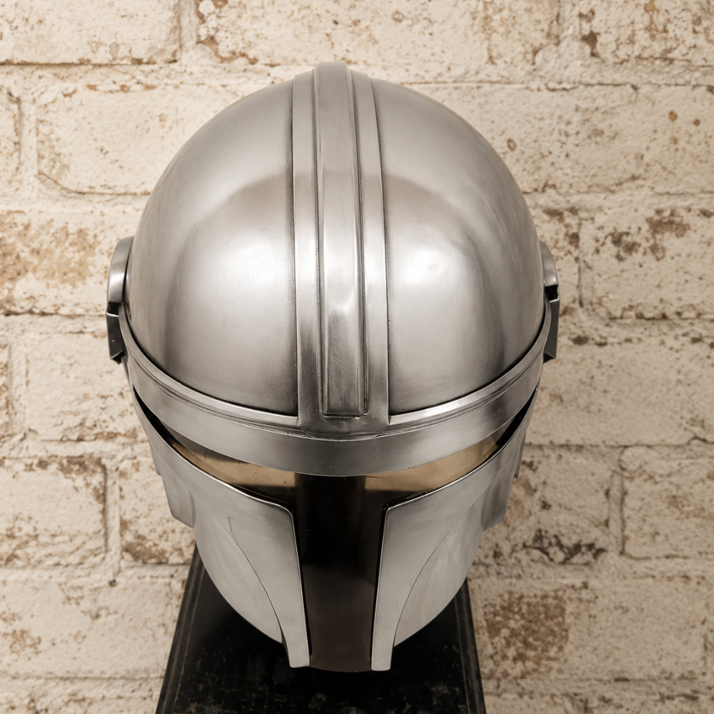 Mandalorian-Inspired Metal Helmet Replica with Wooden Display Stand
